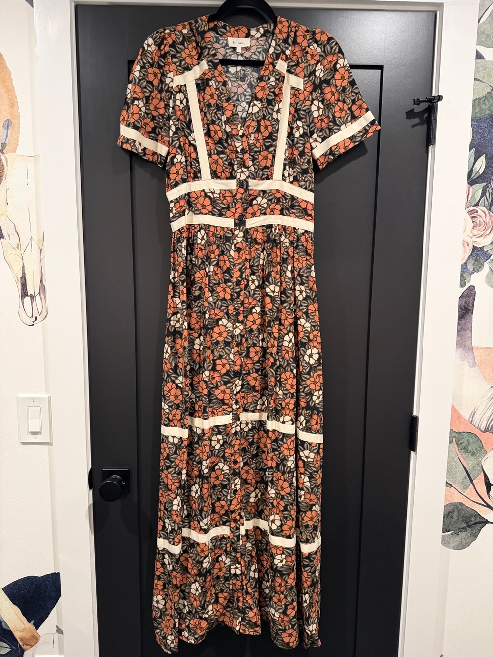 bohme Orange Floral Maxi Dress with Cream Trim
